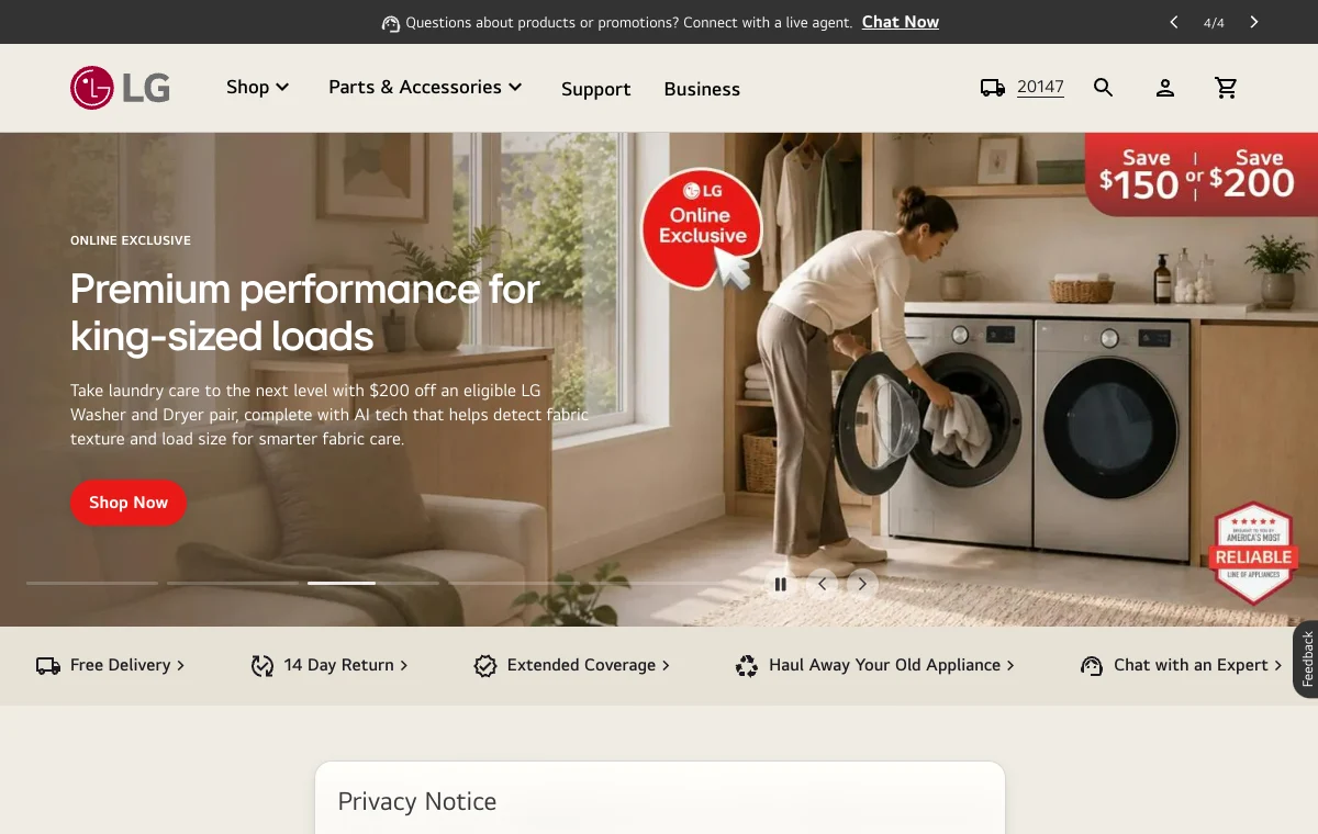 LG Electronics 공식 홈페이지 첫 화면